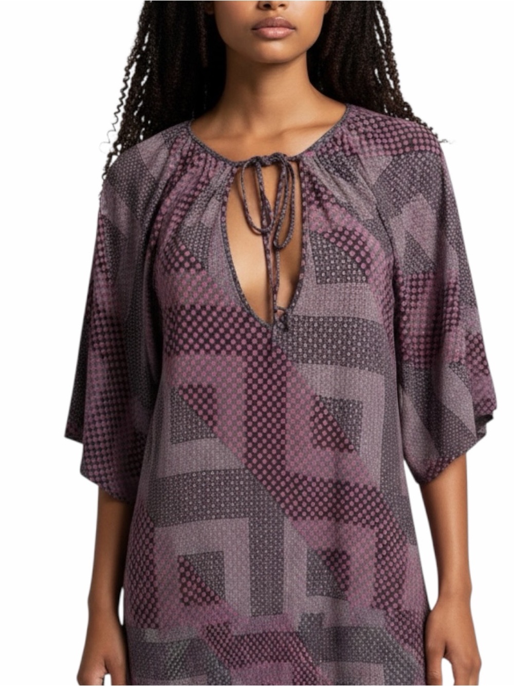 Deletta by Anthropologie Geometric Purple Blouse Size Medium Tie Front Viscose